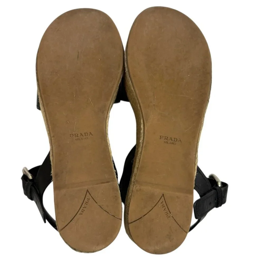 Prada Platform Espadrille Sandals Black Leather Open Toe Size EU 36.5/ US 6.5 - Picture 7 of 16